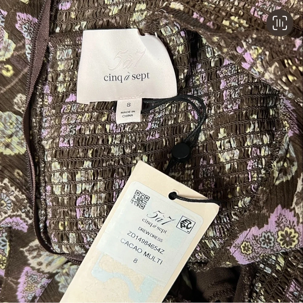 NWT CINQ A SEPT Boho Floral Ruffle Puffed Long Sleeve Smocked High‎ Neck Dress 8